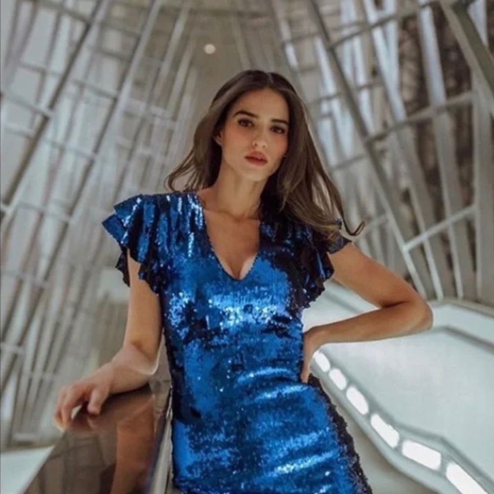 ZARA Blue Sequin Flutter Ruffle Sleeve V Neck Mini Cocktail Dress Medium